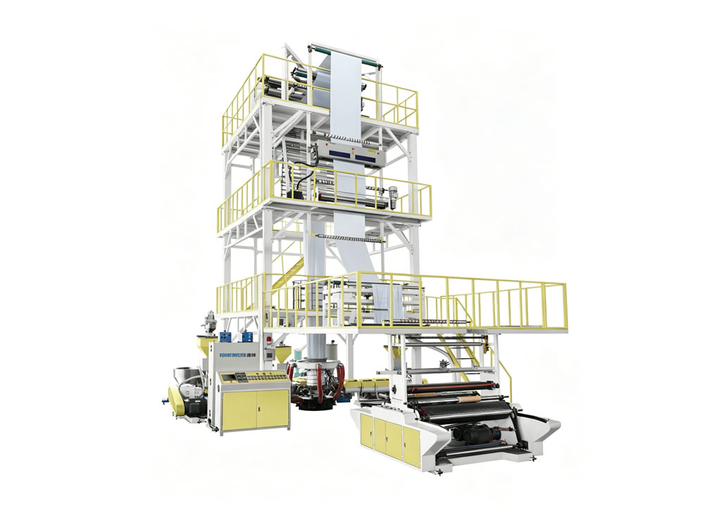 Three layer film blowing machine with horizontal haul off